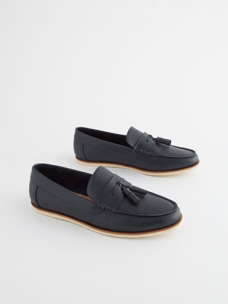 Navy Blue Embossed Tassel Loafers - Image 2 of 7