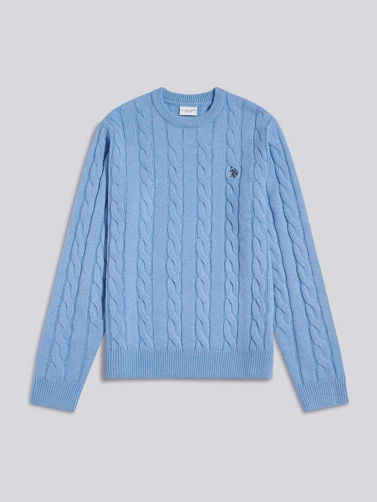 U.S. Polo Assn. Sky Blue Cable Knit Crew Neck Jumper - Image 1 of 2 U.S. Polo Assn. Sky Blue Cable Knit Crew Neck Jumper - Image 1 of 2
