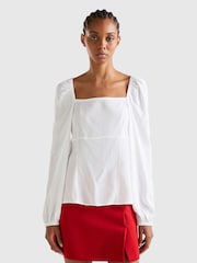 Benetton Square Neck Puff Sleeve White Blouse - Image 1 of 3