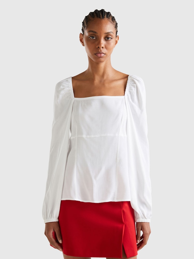 Benetton Square Neck Puff Sleeve White Blouse - Image 1 of 3