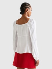 Benetton Square Neck Puff Sleeve White Blouse - Image 2 of 3