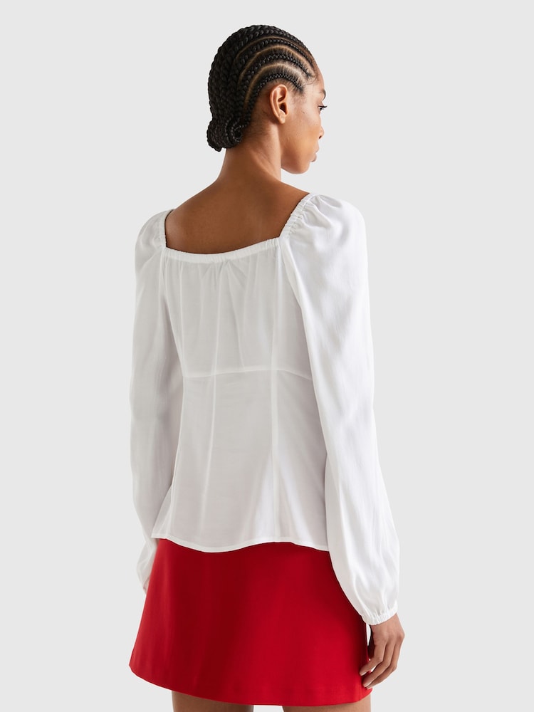 Benetton Square Neck Puff Sleeve White Blouse - Image 2 of 3