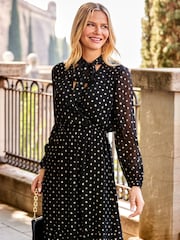 Sosandar Black Tie Neck Fit And Flare Dress - Image 1 of 5