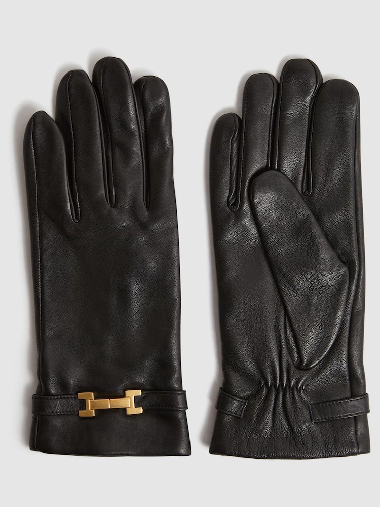 Reiss Black Harriet Leather Hardware Gloves - Image 1 of 3