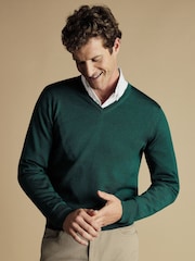 Charles Tyrwhitt Green Pure Merino V-Neck Jumper - Image 1 of 5