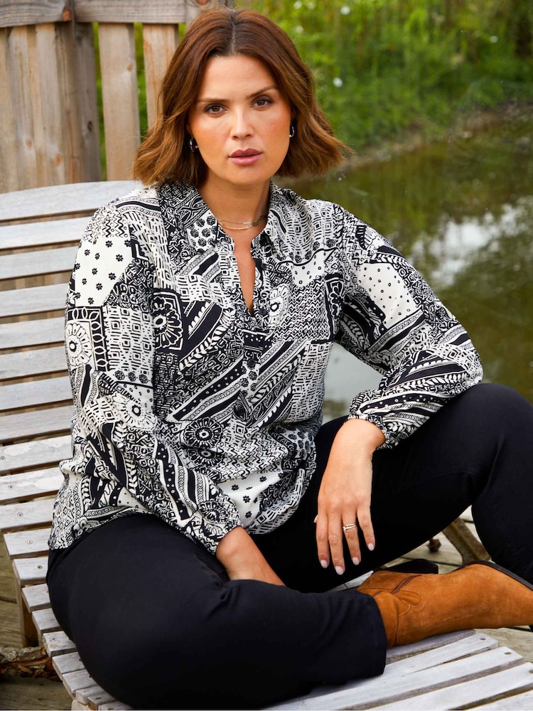 Live Unlimited Curve - Patchwork Paisley Print Swing Black Shirt - Image 1 of 6