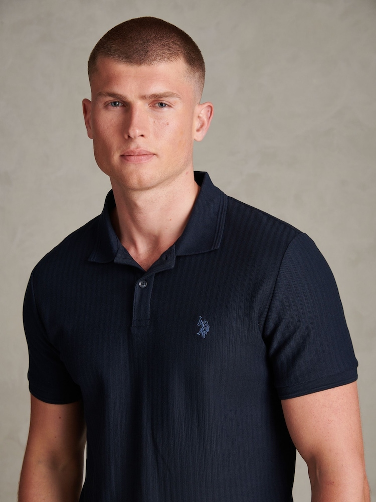 U.S. Polo Assn. Blue Herringbone Texture Polo Shirt - Image 2 of 6 U.S. Polo Assn. Blue Herringbone Texture Polo Shirt - Image 2 of 6