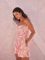 Coral Pink Zebra Bandeau Shirred 100% Cotton Playsuit - Image 1 of 7