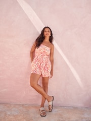 Coral Pink Zebra Bandeau Shirred 100% Cotton Playsuit - Image 3 of 7