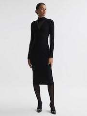 Reiss Black Sabrina Ribbed Mesh Panel Bodycon Midi Dress - Image 1 of 5
