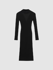 Reiss Black Sabrina Ribbed Mesh Panel Bodycon Midi Dress - Image 2 of 5