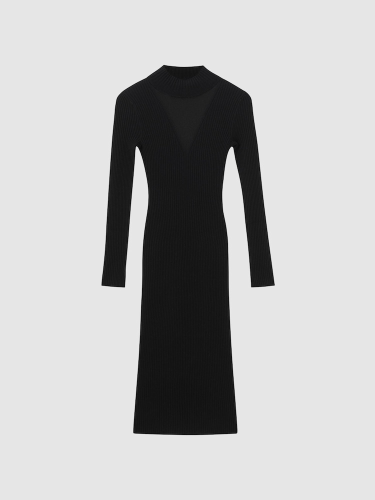 Reiss Black Sabrina Ribbed Mesh Panel Bodycon Midi Dress - Image 2 of 5