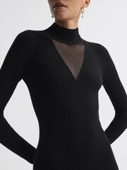 Reiss Black Sabrina Ribbed Mesh Panel Bodycon Midi Dress - Image 4 of 5