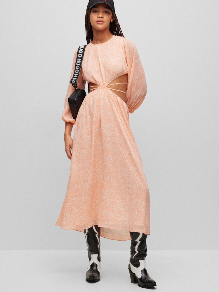 HUGO Orange Paisley Print Cut Out Detail Dress - Image 1 of 5 HUGO Orange Paisley Print Cut Out Detail Dress - Image 1 of 5