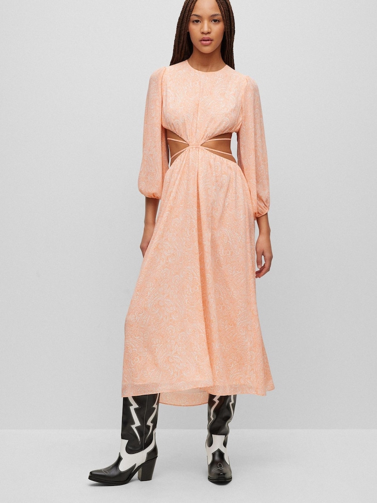 HUGO Orange Paisley Print Cut Out Detail Dress - Image 2 of 5 HUGO Orange Paisley Print Cut Out Detail Dress - Image 2 of 5