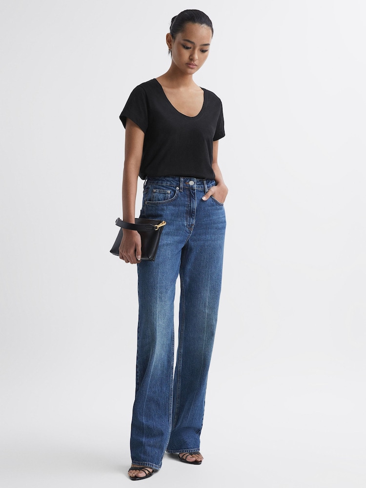 Reiss Black Ashley Cotton Scoop Neck T-Shirt - Image 1 of 4