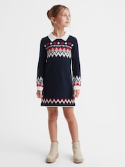 Reiss Navy Billie Junior Fairisle Pattern Knitted Dress - Image 1 of 6