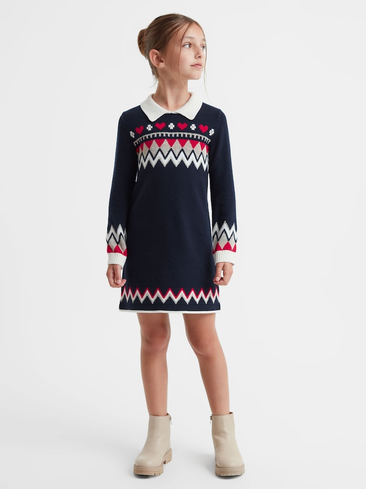 Reiss Navy Billie Junior Fairisle Pattern Knitted Dress - Image 1 of 6