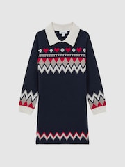 Reiss Navy Billie Junior Fairisle Pattern Knitted Dress - Image 2 of 6