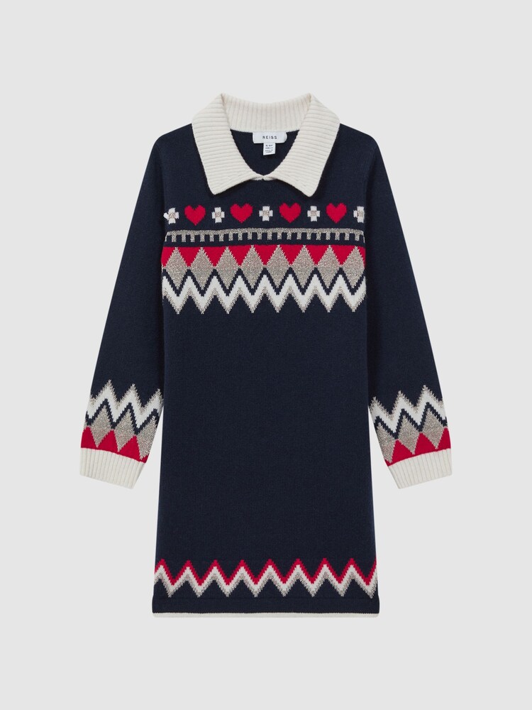Reiss Navy Billie Junior Fairisle Pattern Knitted Dress - Image 2 of 6