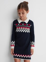 Reiss Navy Billie Junior Fairisle Pattern Knitted Dress - Image 3 of 6