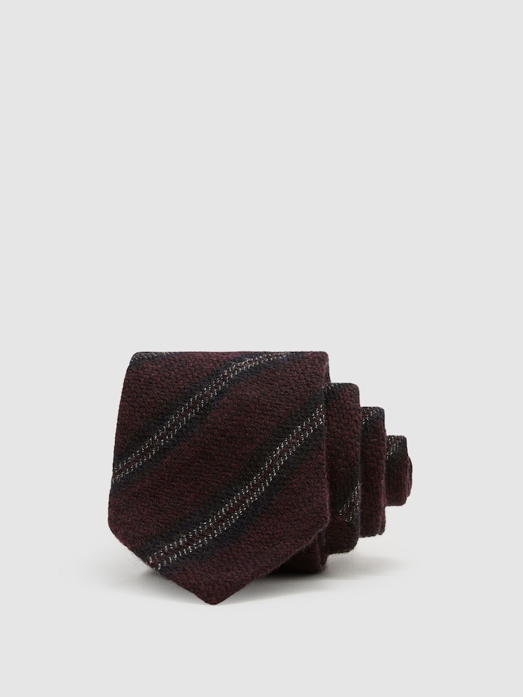 Reiss Burgundy Tessere Wool Double-Stripe Unlined Tie - Image 1 of 5