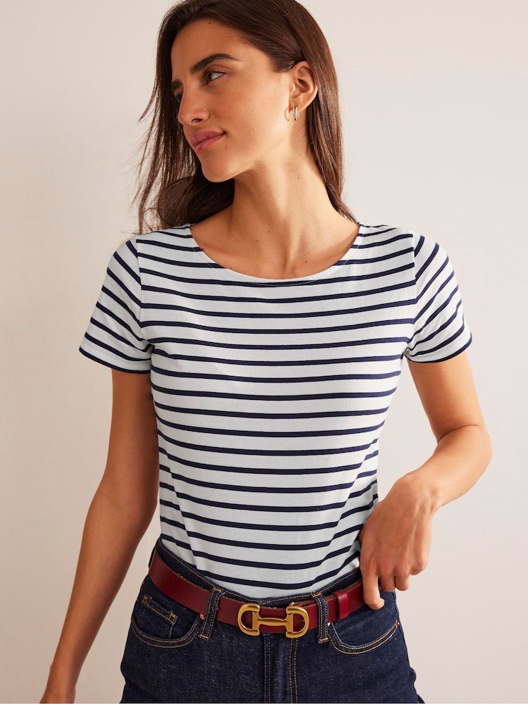 Boden White/Blue Ava Short Sleeve Breton 100% Cotton T-Shirt - Image 1 of 5 Boden White/Blue Ava Short Sleeve Breton 100% Cotton T-Shirt - Image 1 of 5