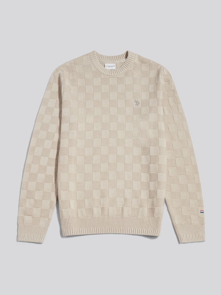U.S. Polo Assn. Large Check Textured Knit Crew Neck Jumper - Imagen 1 de 2