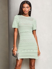Lipsy Mint Green Crochet Fit and Flare Short Sleeve Summer Mini Dress - Image 1 of 4