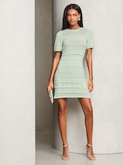 Lipsy Mint Green Crochet Fit and Flare Short Sleeve Summer Mini Dress - Image 2 of 4