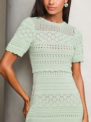 Lipsy Mint Green Crochet Fit and Flare Short Sleeve Summer Mini Dress - Image 3 of 4