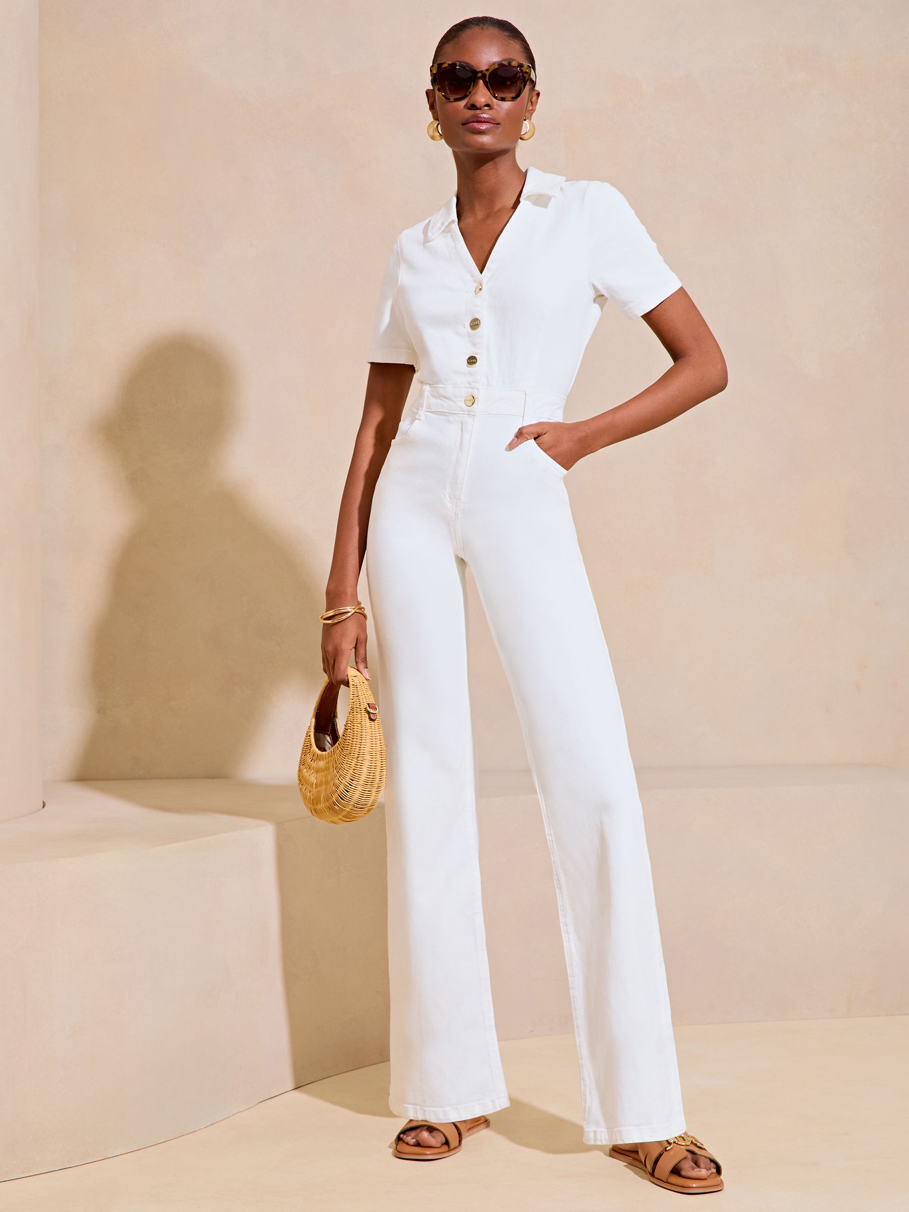 Buy Lipsy Ivory White Denim Short Sleeve Button Through Jumpsuit from Next Luxembourg