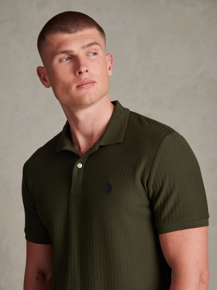 U.S. Polo Assn. Green Herringbone Texture Polo Shirt - Image 2 of 6 U.S. Polo Assn. Green Herringbone Texture Polo Shirt - Image 2 of 6