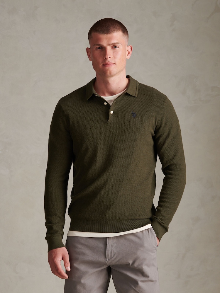 U.S. Polo Assn. Green Moss Stitch Long Sleeve Knit Polo Shirt - Image 1 of 6 U.S. Polo Assn. Green Moss Stitch Long Sleeve Knit Polo Shirt - Image 1 of 6