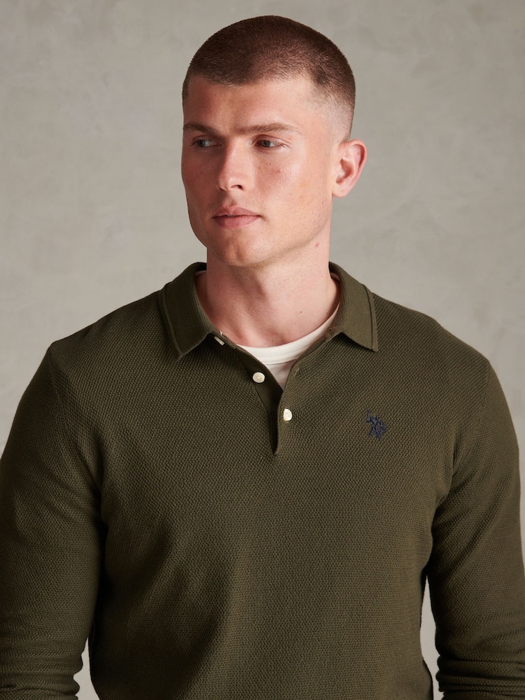 U.S. Polo Assn. Green Moss Stitch Long Sleeve Knit Polo Shirt - Image 2 of 6 U.S. Polo Assn. Green Moss Stitch Long Sleeve Knit Polo Shirt - Image 2 of 6