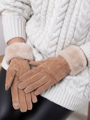 Totes Nude Isotoner Winter Three Point Suede Ladies Gloves with Faux Fur Cuff - Image 1 of 2