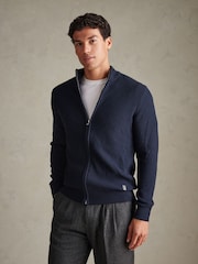 U.S. Polo Assn. Blue Cotton Textured Knit Full Zip Funnel Neck Cardigan - Image 1 of 6