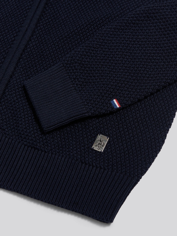 U.S. Polo Assn. Blue Cotton Textured Knit Full Zip Funnel Neck Cardigan - Image 6 of 6 U.S. Polo Assn. Blue Cotton Textured Knit Full Zip Funnel Neck Cardigan - Image 6 of 6