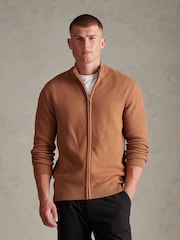 U.S. Polo Assn. Brown Cotton Textured Knit Full Zip Funnel Neck Cardigan - Image 1 of 7