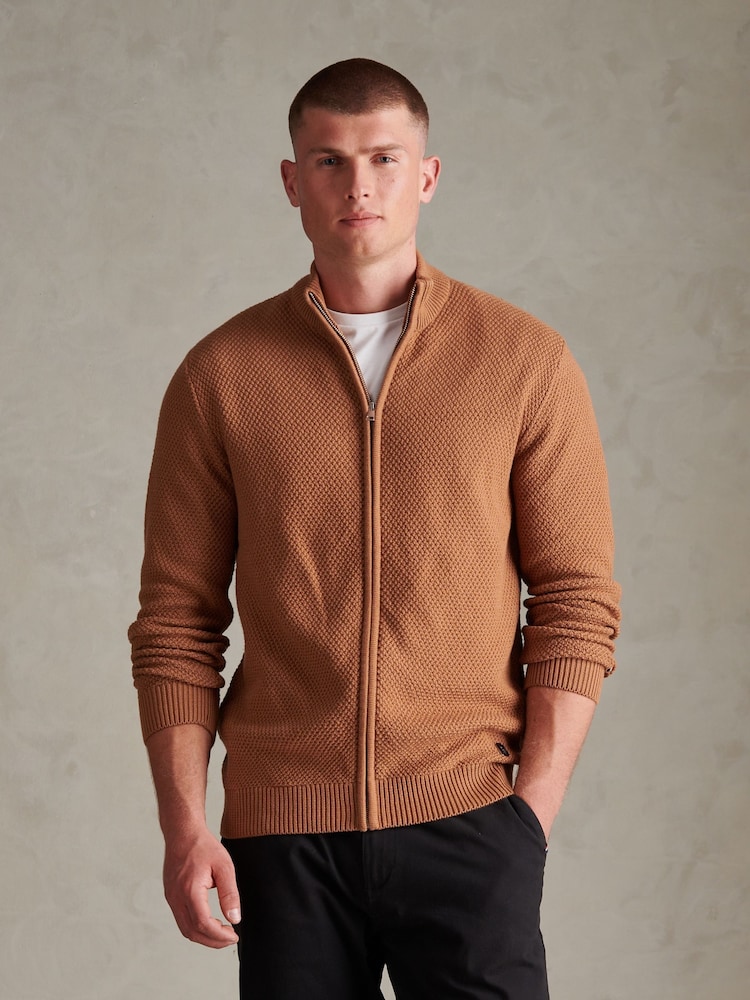 U.S. Polo Assn. Brown Cotton Textured Knit Full Zip Funnel Neck Cardigan - Image 1 of 7 U.S. Polo Assn. Brown Cotton Textured Knit Full Zip Funnel Neck Cardigan - Image 1 of 7