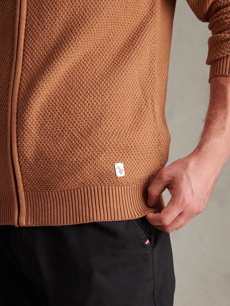 U.S. Polo Assn. Brown Cotton Textured Knit Full Zip Funnel Neck Cardigan - Image 2 of 7 U.S. Polo Assn. Brown Cotton Textured Knit Full Zip Funnel Neck Cardigan - Image 2 of 7