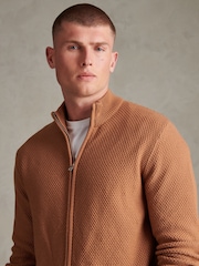 U.S. Polo Assn. Brown Cotton Textured Knit Full Zip Funnel Neck Cardigan - Image 5 of 7