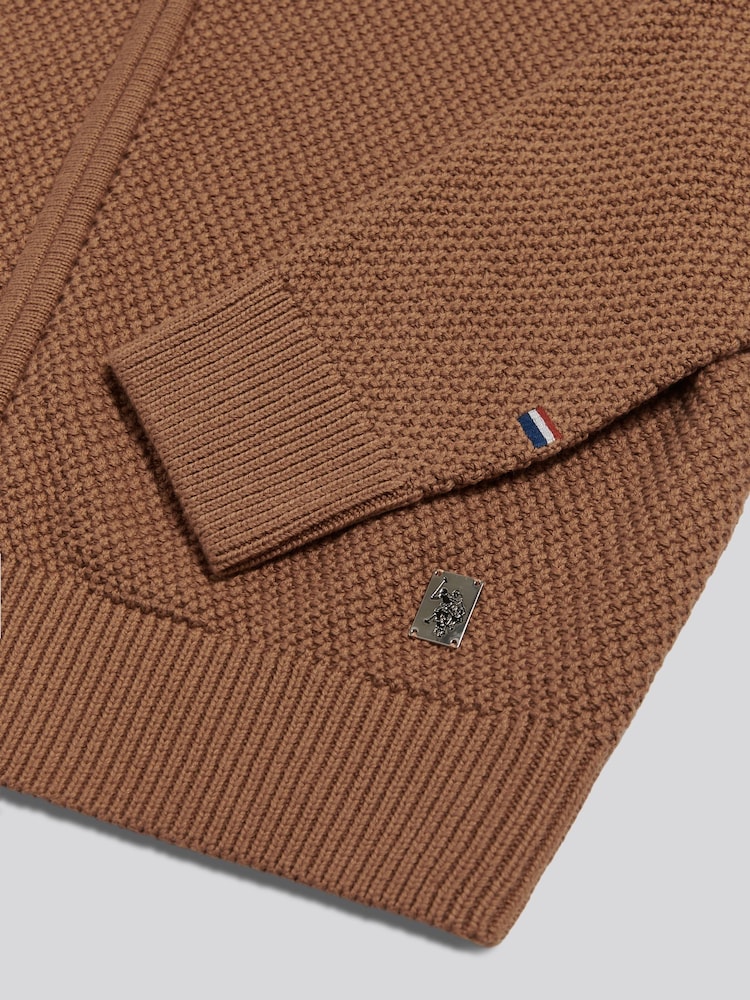 U.S. Polo Assn. Brown Cotton Textured Knit Full Zip Funnel Neck Cardigan - Image 7 of 7 U.S. Polo Assn. Brown Cotton Textured Knit Full Zip Funnel Neck Cardigan - Image 7 of 7