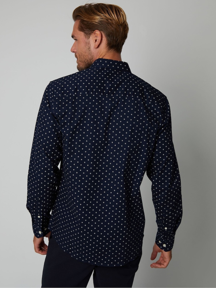Threadbare Blue Geometric Print Long Sleeve Shirt With Stretch - Image 2 of 4
