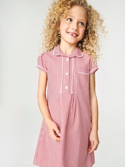 Rouge - Peignoir d'école Vichy en coton riche à boutons et à dentelle (3-14ans) - Image 1 de 5
