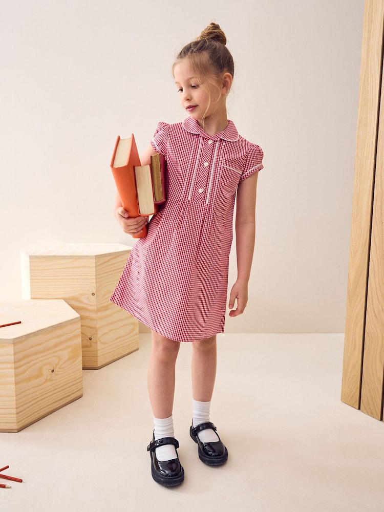 Rouge - Peignoir d'école Vichy en coton riche à boutons et à dentelle (3-14ans) - Image 1 of 5