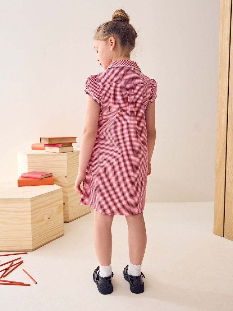 Rouge - Peignoir d'école Vichy en coton riche à boutons et à dentelle (3-14ans) - Image 2 of 5