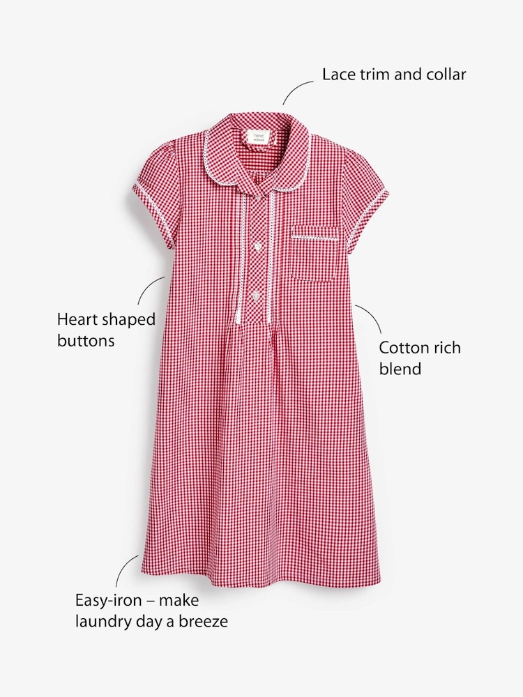 Rouge - Peignoir d'école Vichy en coton riche à boutons et à dentelle (3-14ans) - Image 3 of 5