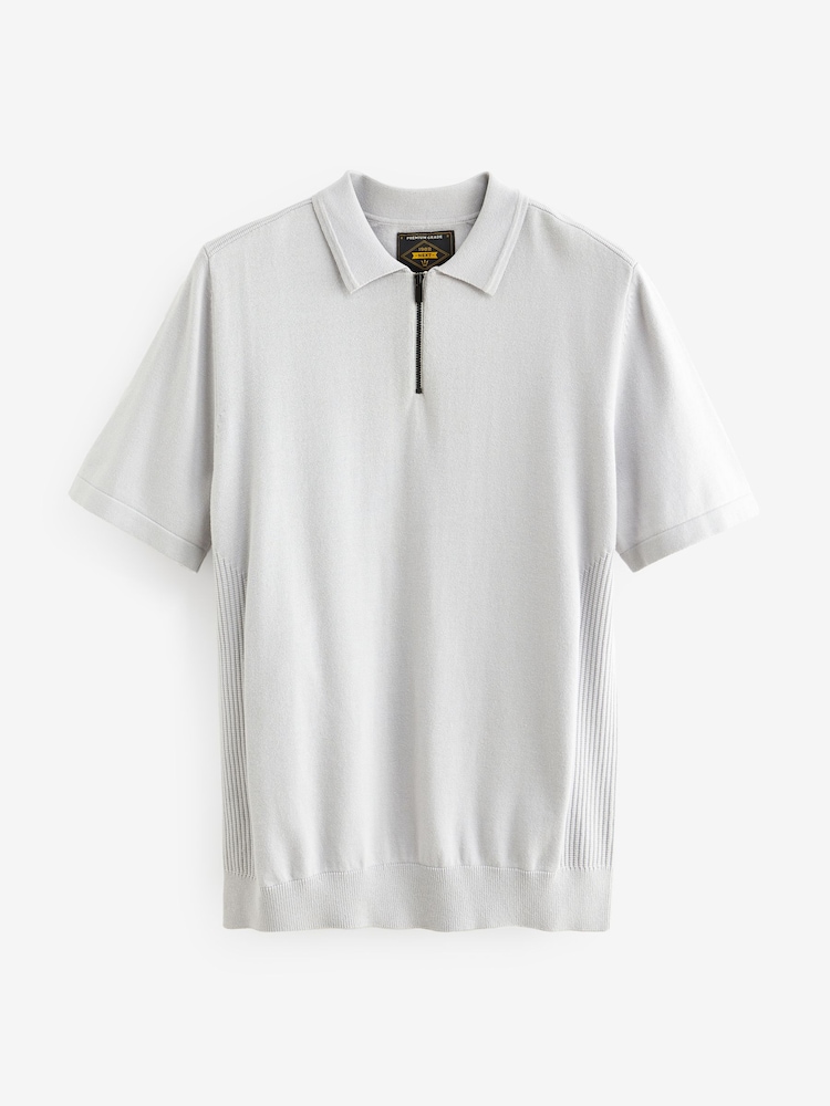 Grey Knitted Textured Panel Regular Fit Polo Shirt - Image 1 of 3