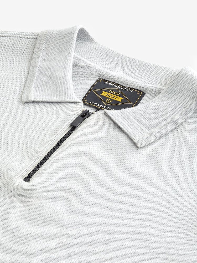 Grey Knitted Textured Panel Regular Fit Polo Shirt - Image 3 of 3